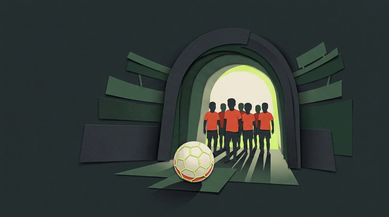 A paper-cut illustration of a youth football team at a stadium tunnel.