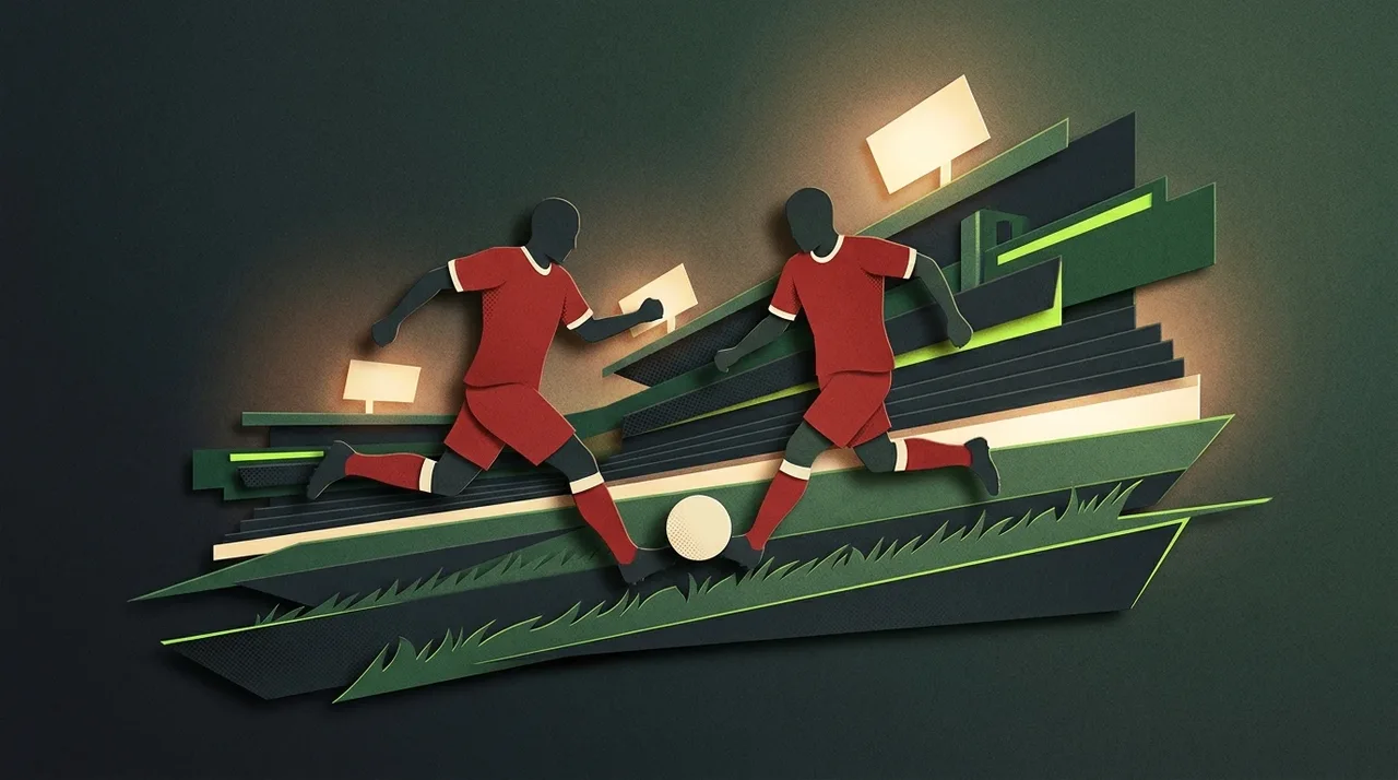 Two illustrated footballers moving forward together.