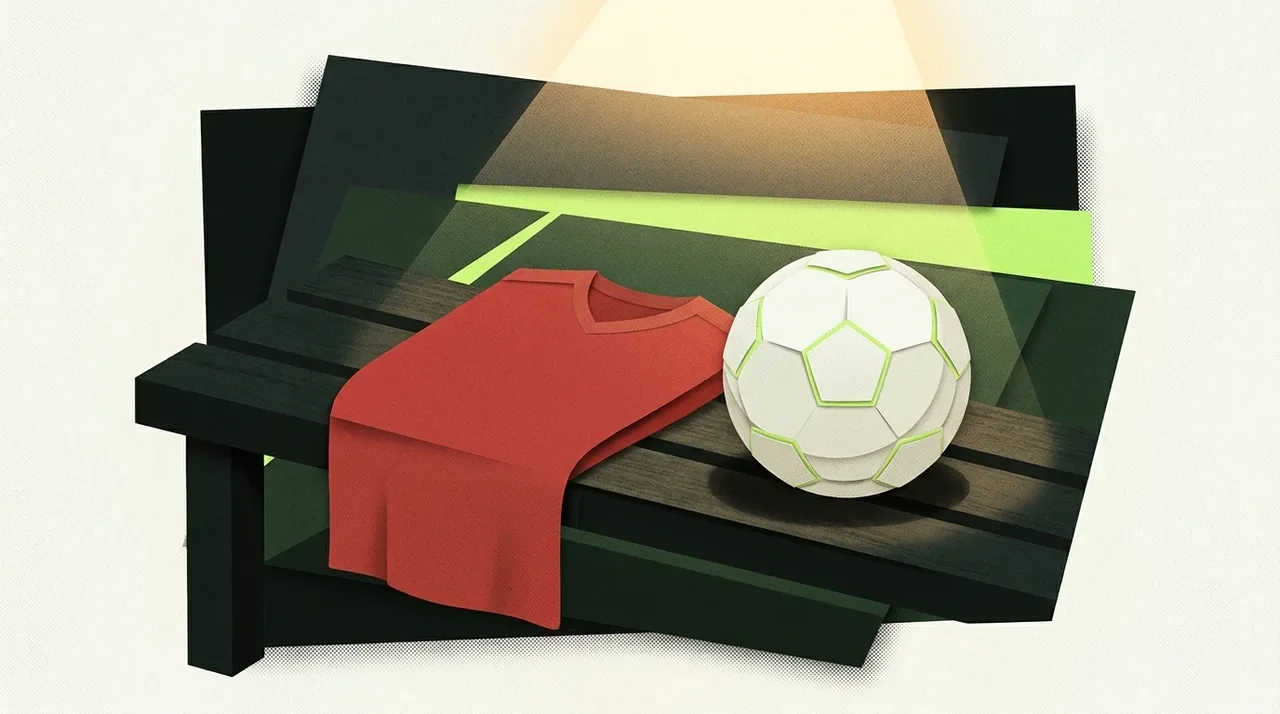 A folded red football shirt and ball in an illustrated changing room.