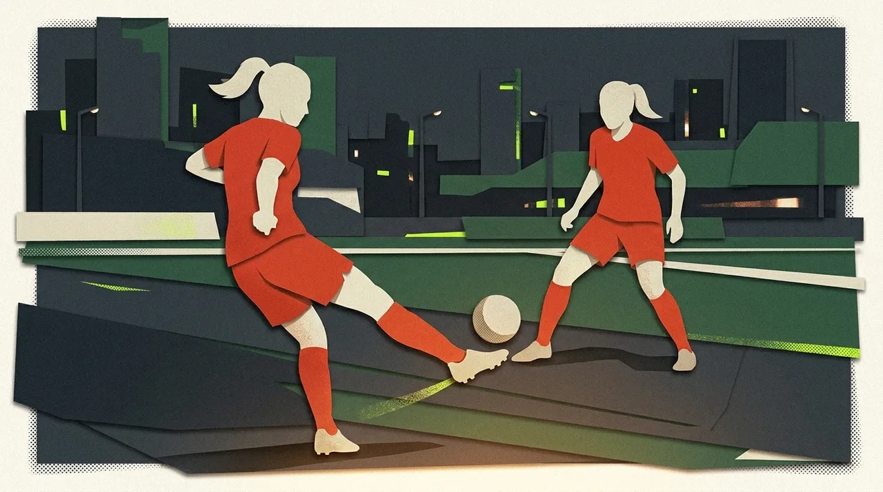An illustrated passing move between two women footballers.
