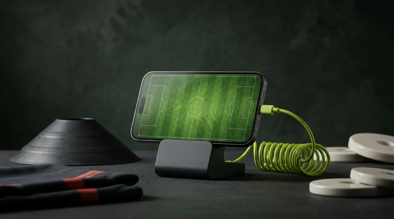 A phone on a stand displaying an abstract football pitch.